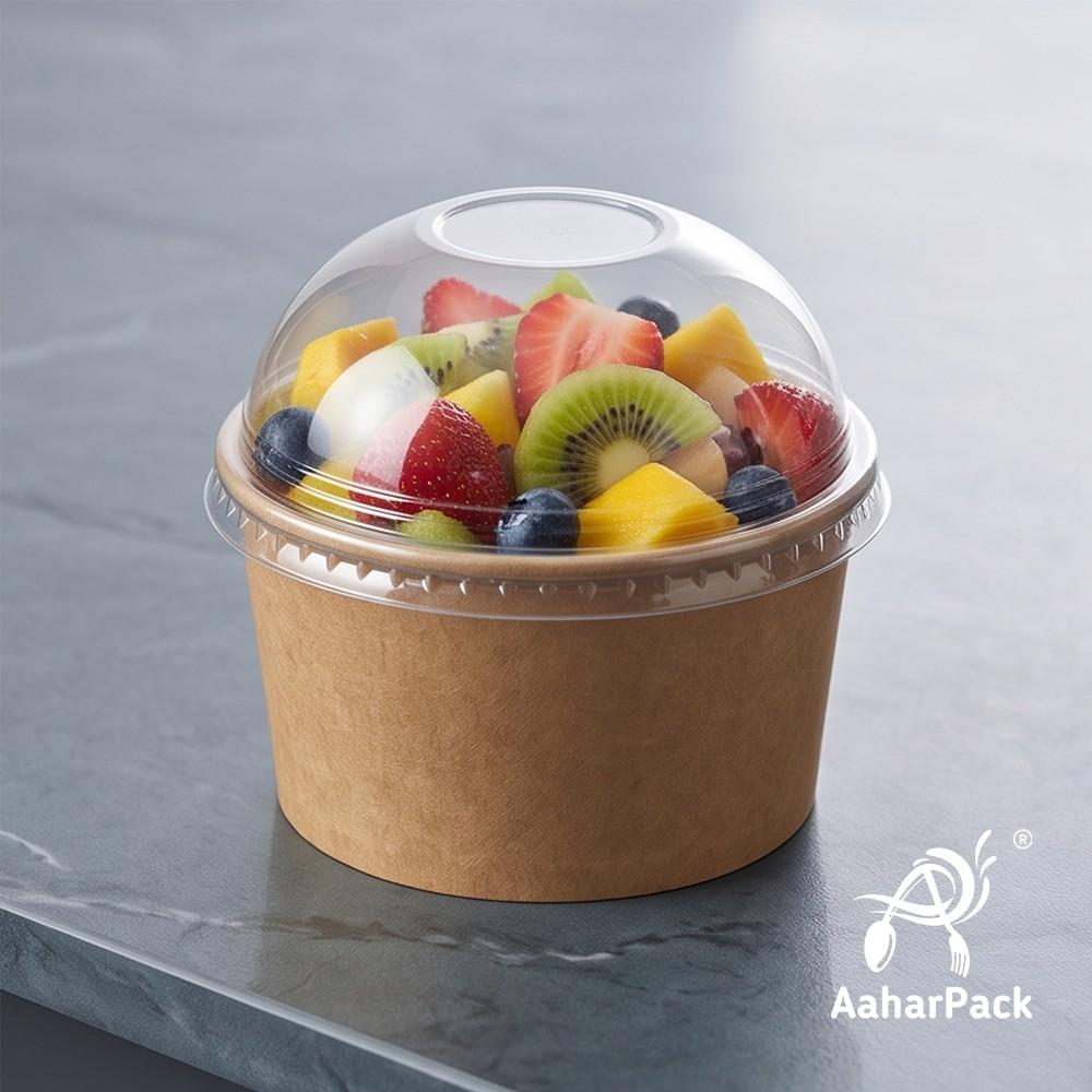 350 ML Kraft Paper Bowls with Dome Lids (Pack of 150) - Medium Brown Disposable Paper Bowls | Eco-Friendly, Leak-Proof Takeaway Food Containers for Large Ice Cream Sundaes, Loaded Desserts & Fruit Bowls