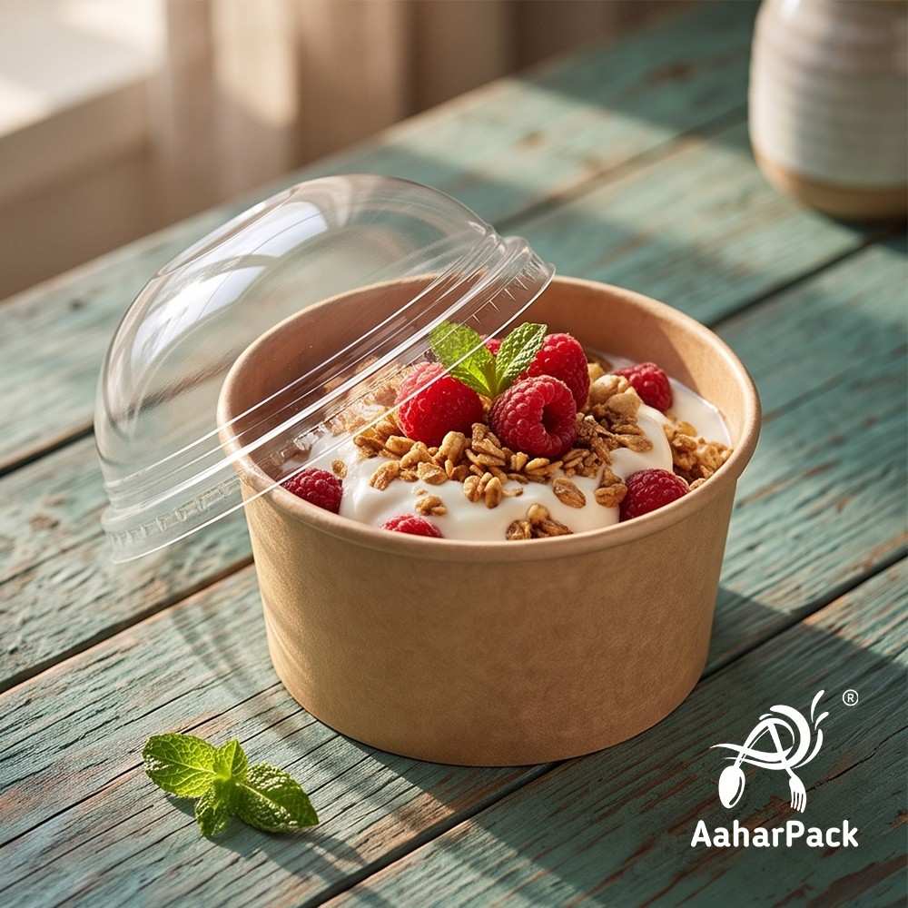 250 ML Kraft Paper Bowls with Dome Lids (Pack of 150) - Small Brown Disposable Paper Bowls | Eco-Friendly, Leak-Proof Takeaway Food Containers for Ice Cream Sundaes, Desserts & Fruit Bowls