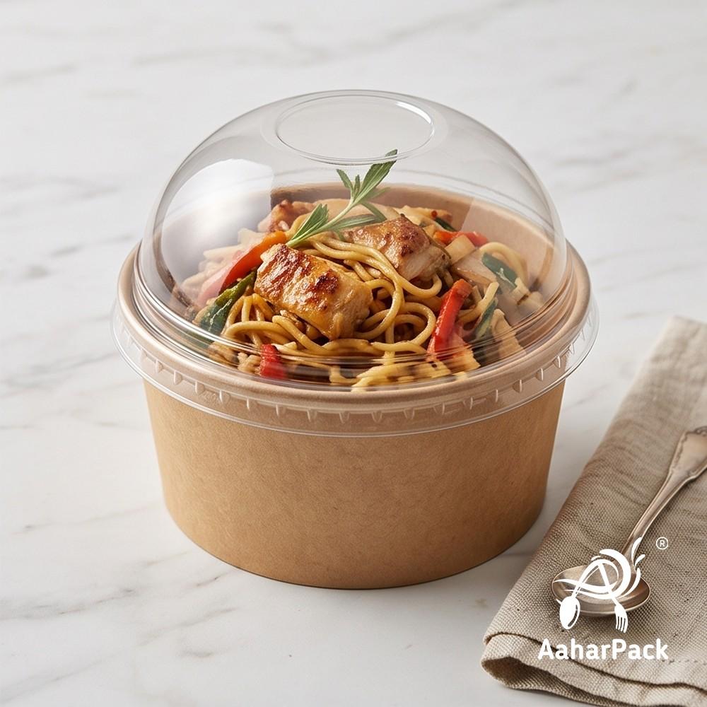 350 ML Kraft Paper Bowls with Dome Lids (Pack of 150) - Medium Brown Disposable Paper Bowls | Eco-Friendly, Leak-Proof Takeaway Food Containers for Large Ice Cream Sundaes, Loaded Desserts & Fruit Bowls