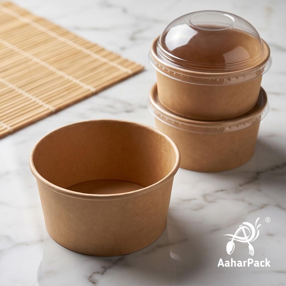 500 ML Kraft Paper Bowls with Dome Lids (Pack of 150) - Large Brown Disposable Paper Bowls | Eco-Friendly, Leak-Proof Takeaway Food Containers for Mega Sundaes, Smoothie Bowls & Loaded Desserts