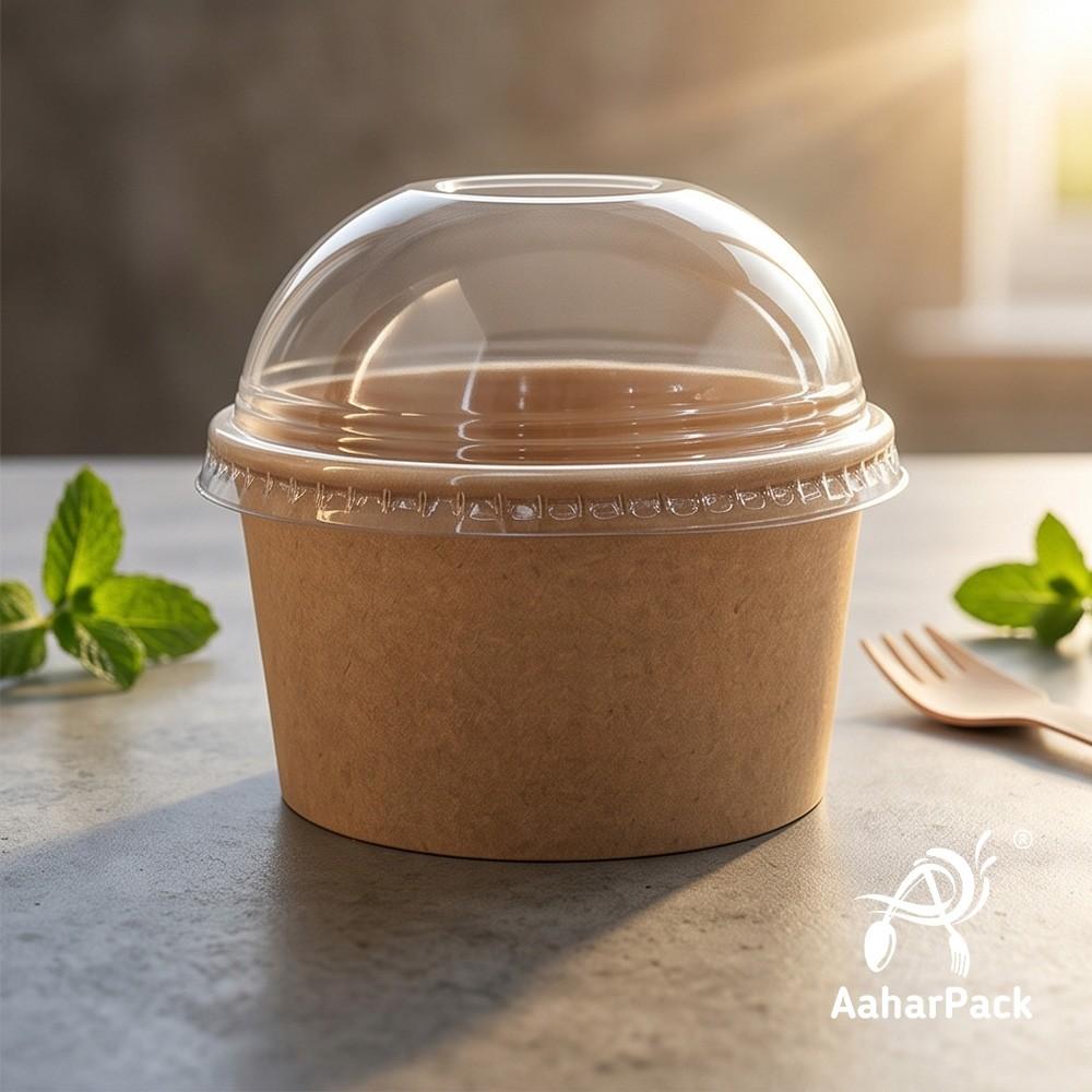 500 ML Kraft Paper Bowls with Dome Lids (Pack of 150) - Large Brown Disposable Paper Bowls | Eco-Friendly, Leak-Proof Takeaway Food Containers for Mega Sundaes, Smoothie Bowls & Loaded Desserts