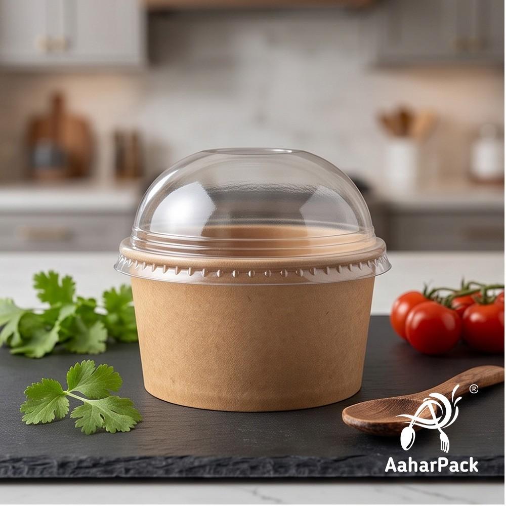 500 ML Kraft Paper Bowls with Dome Lids (Pack of 150) - Large Brown Disposable Paper Bowls | Eco-Friendly, Leak-Proof Takeaway Food Containers for Mega Sundaes, Smoothie Bowls & Loaded Desserts