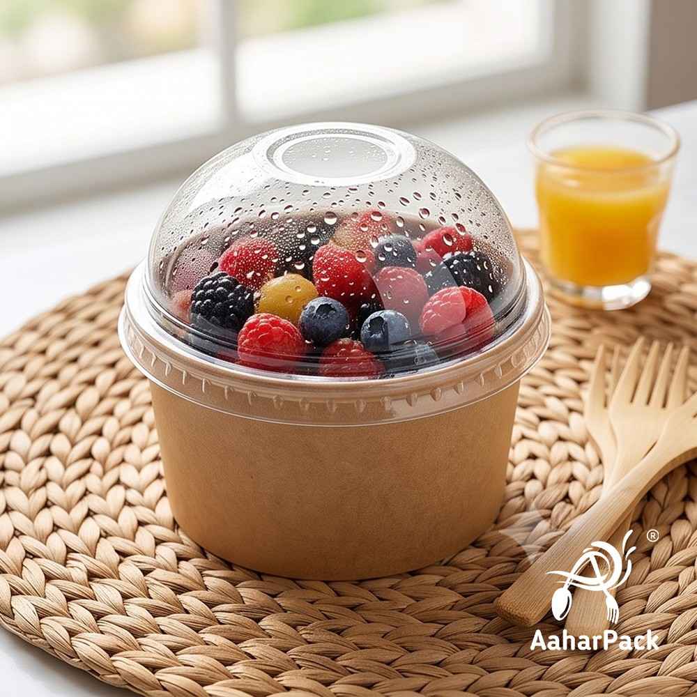 500 ML Kraft Paper Bowls with Dome Lids (Pack of 150) - Large Brown Disposable Paper Bowls | Eco-Friendly, Leak-Proof Takeaway Food Containers for Mega Sundaes, Smoothie Bowls & Loaded Desserts