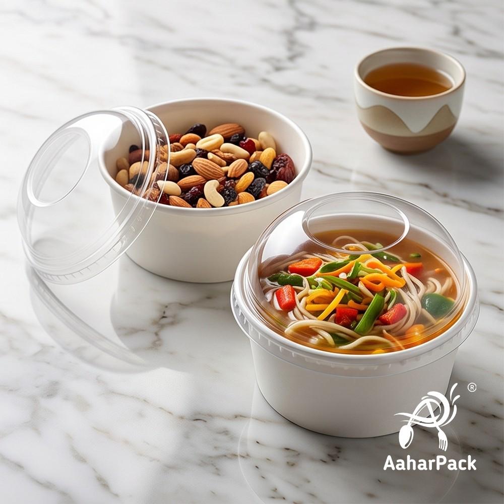 350 ML White Paper Bowls with Dome Lids (Pack of 150) - Medium Disposable Paper Bowls | Premium Leak-Proof Takeaway Food Containers for Large Ice Cream Sundaes, Loaded Desserts & Fruit Bowls