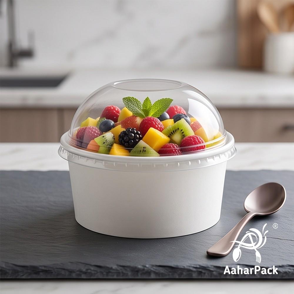 350 ML White Paper Bowls with Dome Lids (Pack of 150) - Medium Disposable Paper Bowls | Premium Leak-Proof Takeaway Food Containers for Large Ice Cream Sundaes, Loaded Desserts & Fruit Bowls