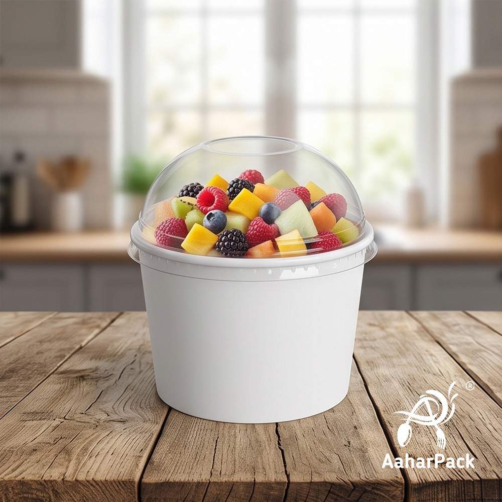500 ML White Paper Bowls with Dome Lids (Pack of 150) - Large Disposable Paper Bowls | Premium Leak-Proof Takeaway Food Containers for Mega Sundaes, Smoothie Bowls & Loaded Desserts