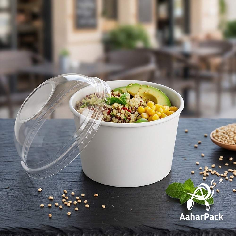 500 ML White Paper Bowls with Dome Lids (Pack of 150) - Large Disposable Paper Bowls | Premium Leak-Proof Takeaway Food Containers for Mega Sundaes, Smoothie Bowls & Loaded Desserts