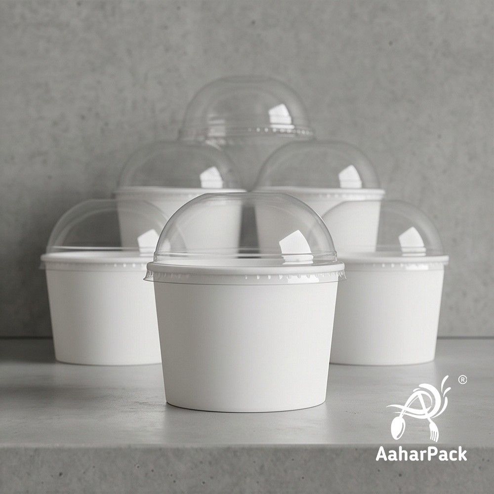 500 ML White Paper Bowls with Dome Lids (Pack of 150) - Large Disposable Paper Bowls | Premium Leak-Proof Takeaway Food Containers for Mega Sundaes, Smoothie Bowls & Loaded Desserts