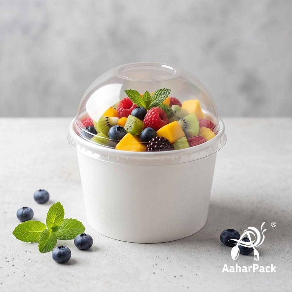 500 ML White Paper Bowls with Dome Lids (Pack of 150) - Large Disposable Paper Bowls | Premium Leak-Proof Takeaway Food Containers for Mega Sundaes, Smoothie Bowls & Loaded Desserts