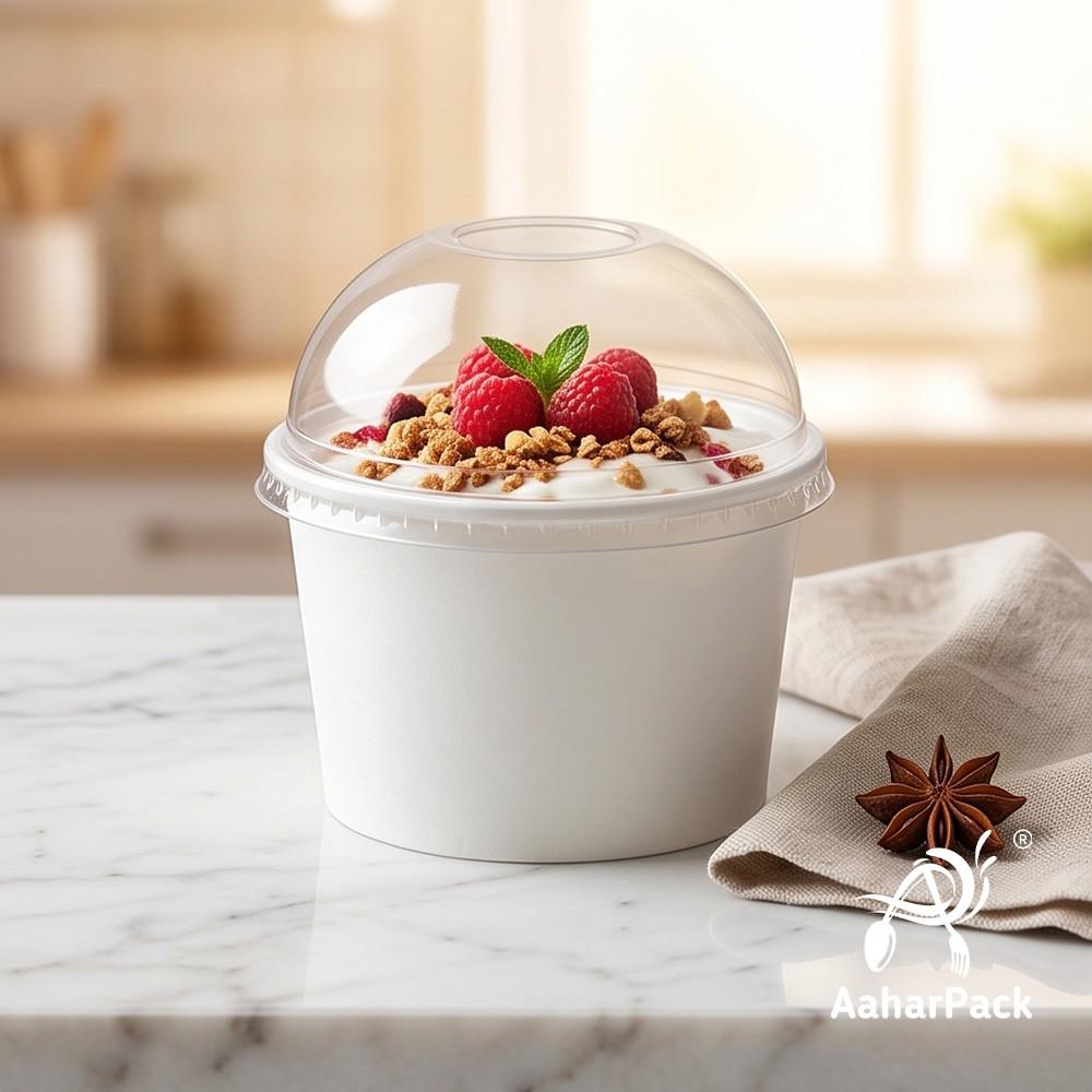 500 ML White Paper Bowls with Dome Lids (Pack of 150) - Large Disposable Paper Bowls | Premium Leak-Proof Takeaway Food Containers for Mega Sundaes, Smoothie Bowls & Loaded Desserts