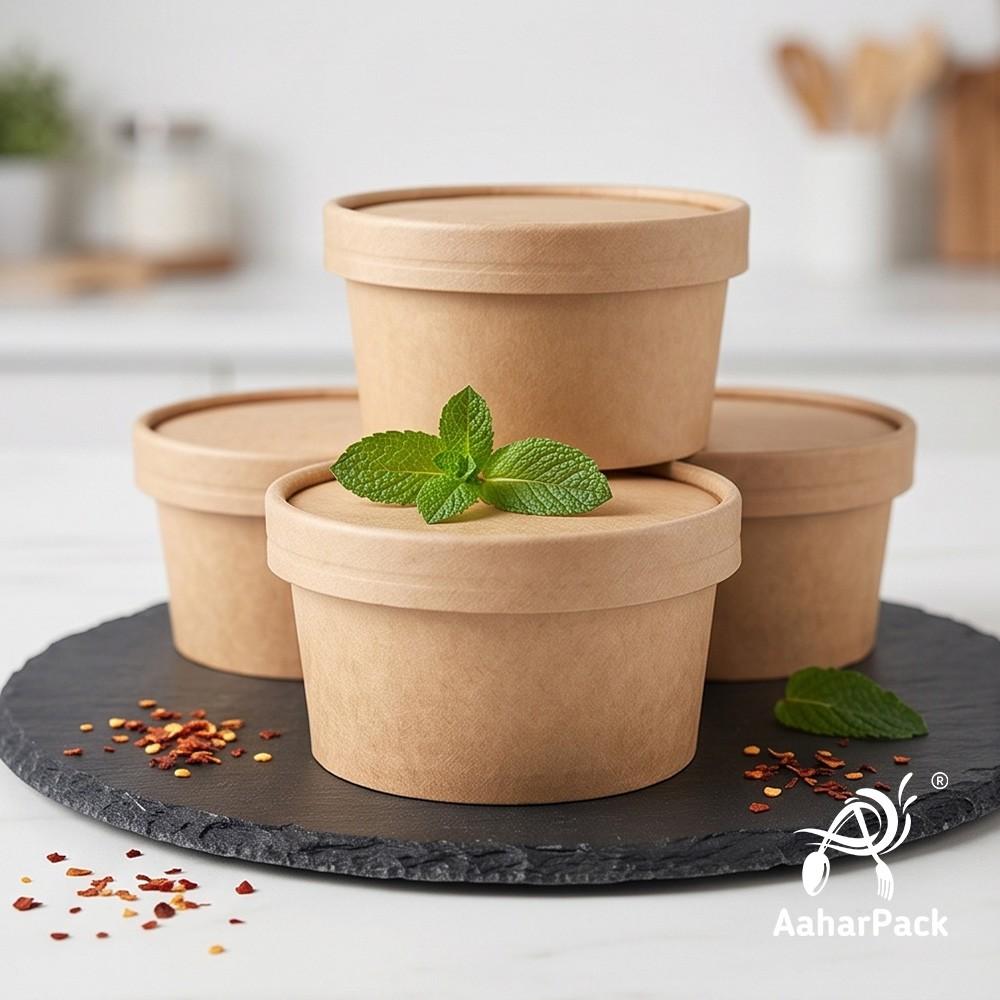 250 ML Kraft Paper Bowls with Paper Lids (Pack of 100) - 100% Eco-Friendly Disposable Paper Bowls | Premium Leak-Proof Brown Food Containers for Hot Soups, Gravies & Takeaway