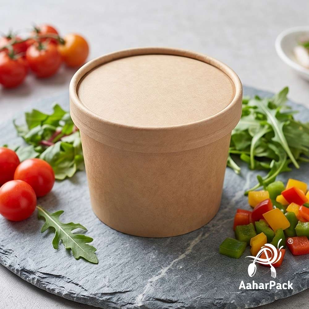 350 ML Kraft Paper Bowls with Paper Lids (Pack of 100) - 100% Eco-Friendly Medium Disposable Paper Bowls | Premium Leak-Proof Brown Food Containers for Hot Soups, Noodles & Curries