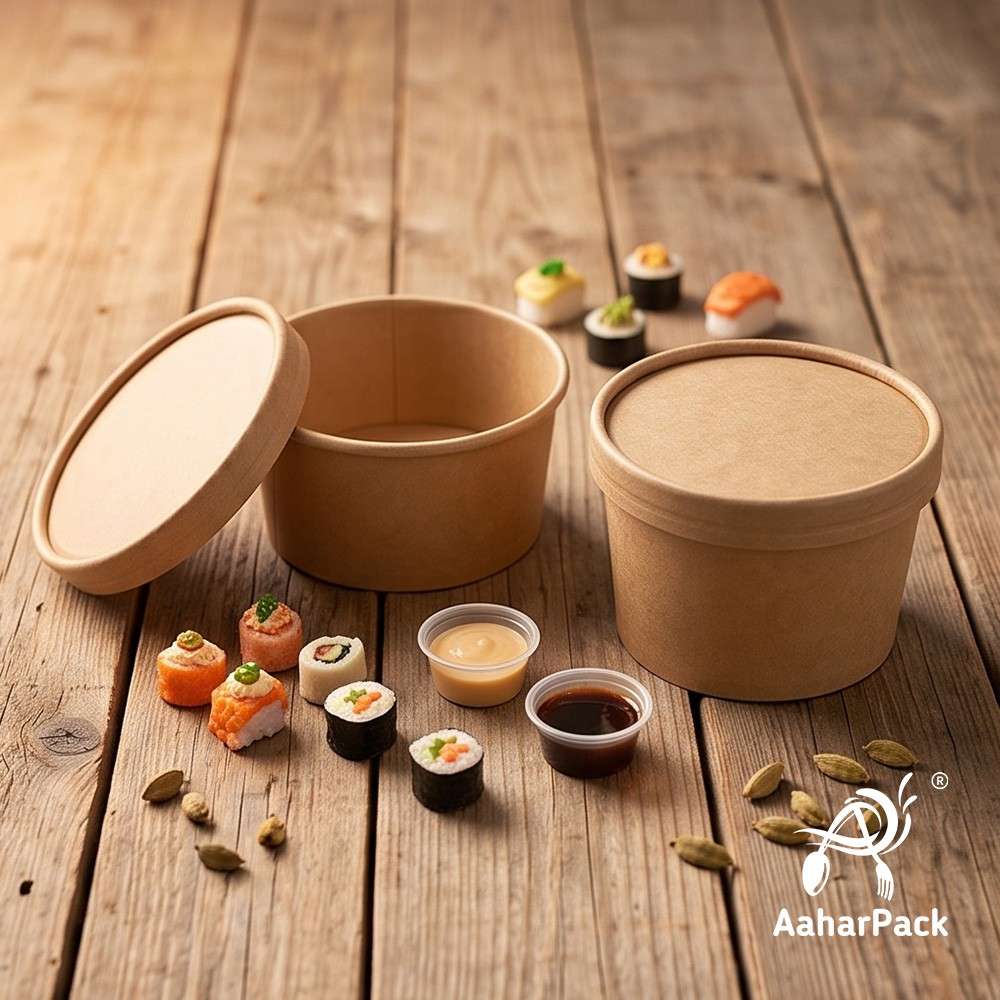 350 ML Kraft Paper Bowls with Paper Lids (Pack of 100) - 100% Eco-Friendly Medium Disposable Paper Bowls | Premium Leak-Proof Brown Food Containers for Hot Soups, Noodles & Curries
