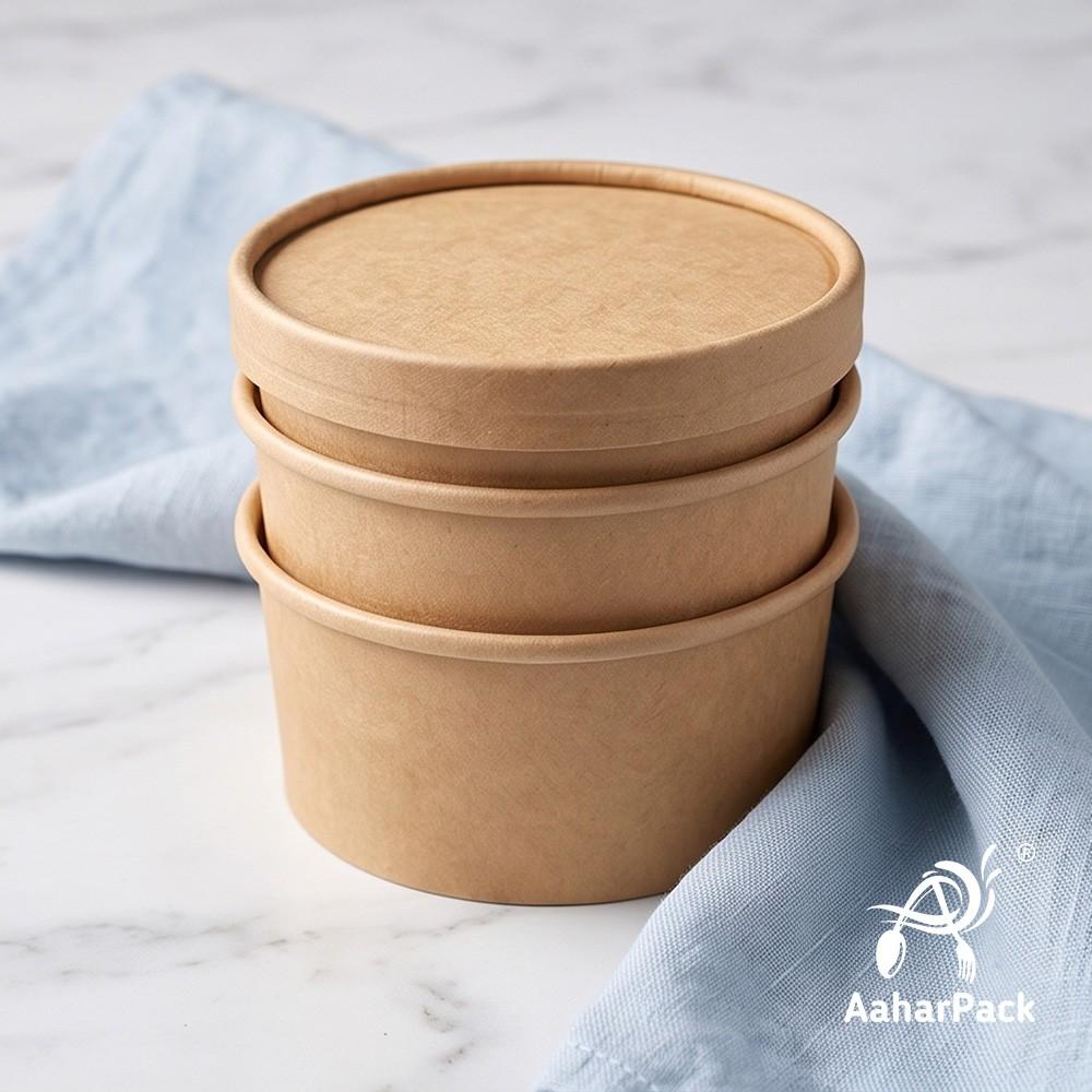 350 ML Kraft Paper Bowls with Paper Lids (Pack of 100) - 100% Eco-Friendly Medium Disposable Paper Bowls | Premium Leak-Proof Brown Food Containers for Hot Soups, Noodles & Curries