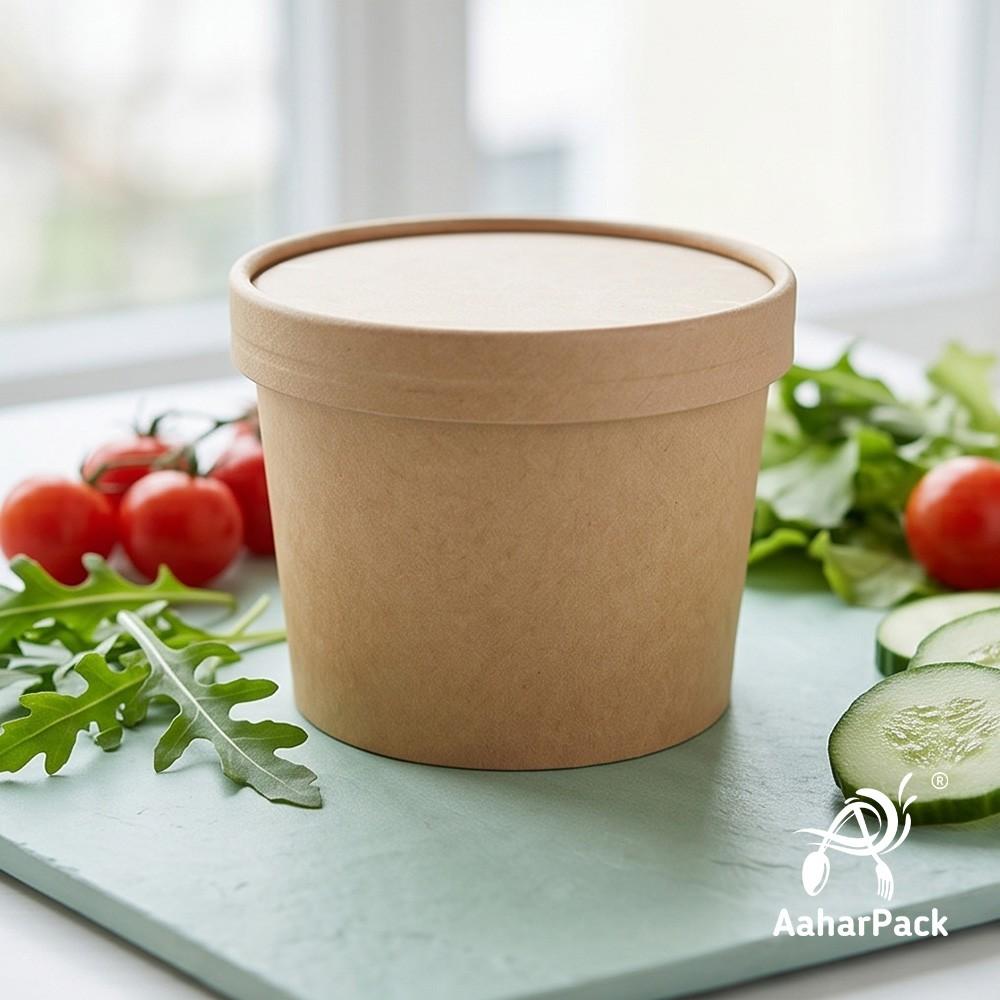 500 ML Kraft Paper Bowls with Paper Lids (Pack of 100) - 100% Eco-Friendly Large Disposable Paper Bowls | Premium Leak-Proof Brown Food Containers for Biryani, Hot Soups, Noodles & Curries