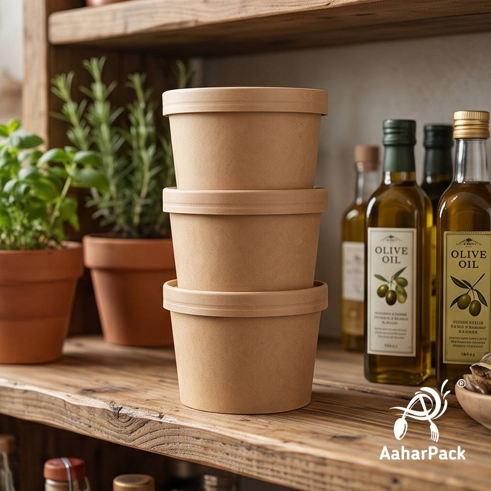 500 ML Kraft Paper Bowls with Paper Lids (Pack of 100) - 100% Eco-Friendly Large Disposable Paper Bowls | Premium Leak-Proof Brown Food Containers for Biryani, Hot Soups, Noodles & Curries