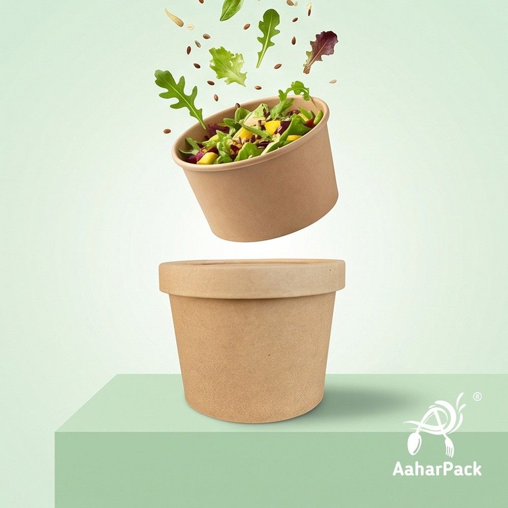 500 ML Kraft Paper Bowls with Paper Lids (Pack of 100) - 100% Eco-Friendly Large Disposable Paper Bowls | Premium Leak-Proof Brown Food Containers for Biryani, Hot Soups, Noodles & Curries