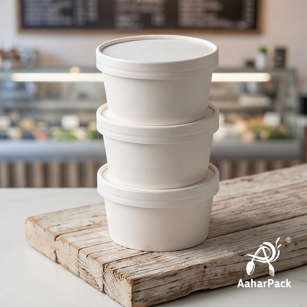 350 ML White Paper Bowls with Paper Lids (Pack of 100) - 100% Eco-Friendly Medium Disposable Paper Bowls | Premium Leak-Proof Takeaway Food Containers for Hot Soups, Noodles & Curries