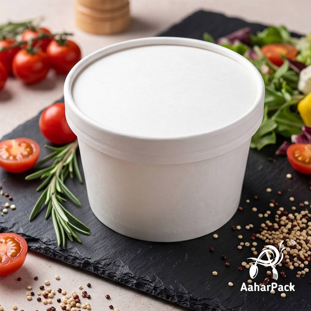 500 ML White Paper Bowls with Paper Lids (Pack of 100) - 100% Eco-Friendly Large Disposable Paper Bowls | Premium Leak-Proof Takeaway Food Containers for Biryani, Hot Soups & Noodles