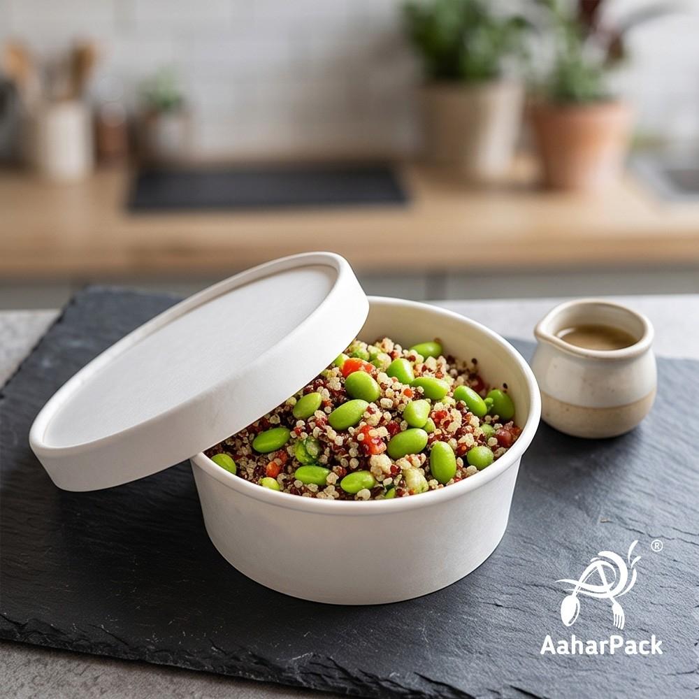 500 ML White Paper Bowls with Paper Lids (Pack of 100) - 100% Eco-Friendly Large Disposable Paper Bowls | Premium Leak-Proof Takeaway Food Containers for Biryani, Hot Soups & Noodles