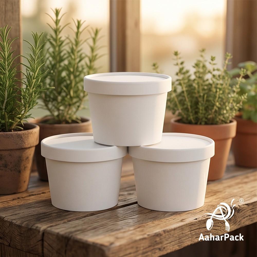 500 ML White Paper Bowls with Paper Lids (Pack of 100) - 100% Eco-Friendly Large Disposable Paper Bowls | Premium Leak-Proof Takeaway Food Containers for Biryani, Hot Soups & Noodles