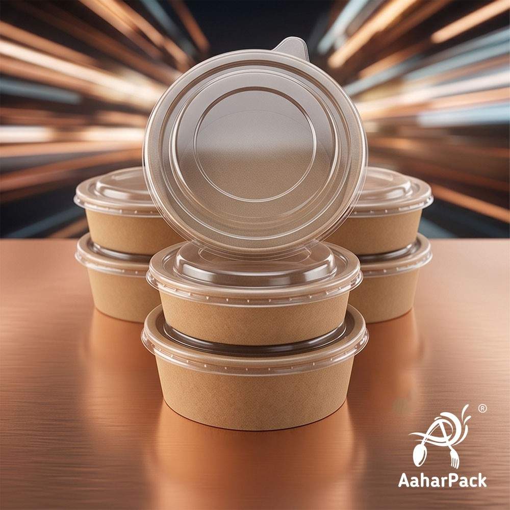 200 ML Kraft Paper Bowls with Plastic Flat Lids (Pack of 150) - Small Brown Disposable Paper Bowls | Eco-Friendly, Leak-Proof Takeaway Food Containers for Ice Cream, Dips & Side Salads