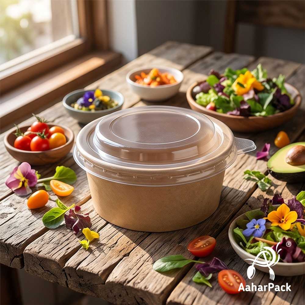 200 ML Kraft Paper Bowls with Plastic Flat Lids (Pack of 150) - Small Brown Disposable Paper Bowls | Eco-Friendly, Leak-Proof Takeaway Food Containers for Ice Cream, Dips & Side Salads