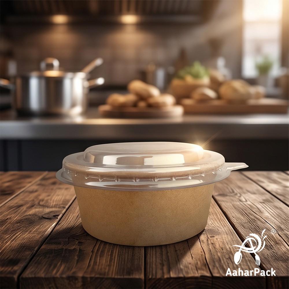 200 ML Kraft Paper Bowls with Plastic Flat Lids (Pack of 150) - Small Brown Disposable Paper Bowls | Eco-Friendly, Leak-Proof Takeaway Food Containers for Ice Cream, Dips & Side Salads