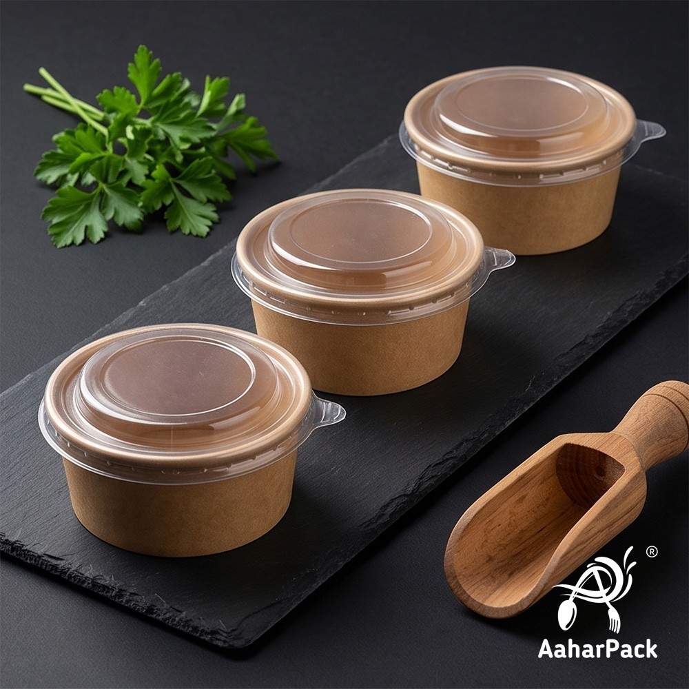 200 ML Kraft Paper Bowls with Plastic Flat Lids (Pack of 150) - Small Brown Disposable Paper Bowls | Eco-Friendly, Leak-Proof Takeaway Food Containers for Ice Cream, Dips & Side Salads