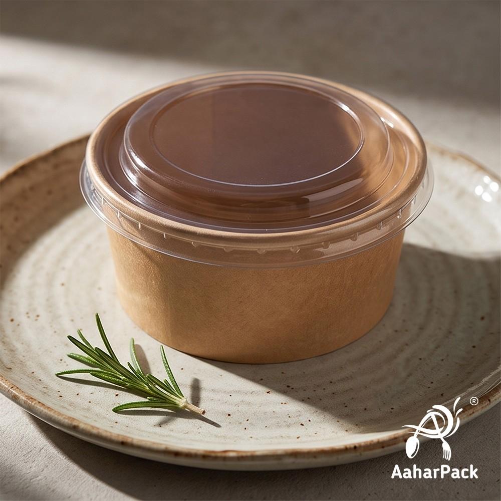 200 ML Kraft Paper Bowls with Plastic Flat Lids (Pack of 150) - Small Brown Disposable Paper Bowls | Eco-Friendly, Leak-Proof Takeaway Food Containers for Ice Cream, Dips & Side Salads