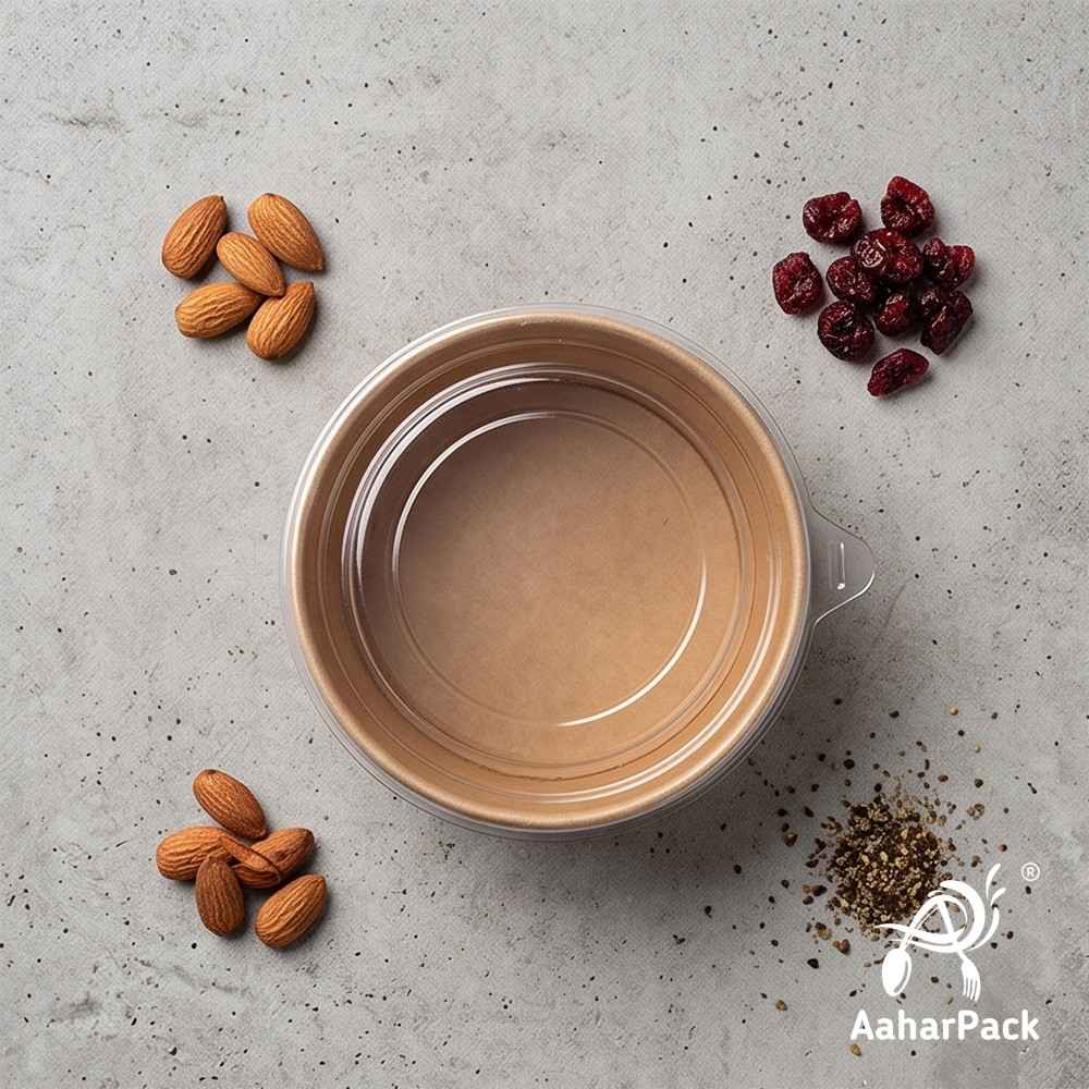 200 ML Kraft Paper Bowls with Plastic Flat Lids (Pack of 150) - Small Brown Disposable Paper Bowls | Eco-Friendly, Leak-Proof Takeaway Food Containers for Ice Cream, Dips & Side Salads