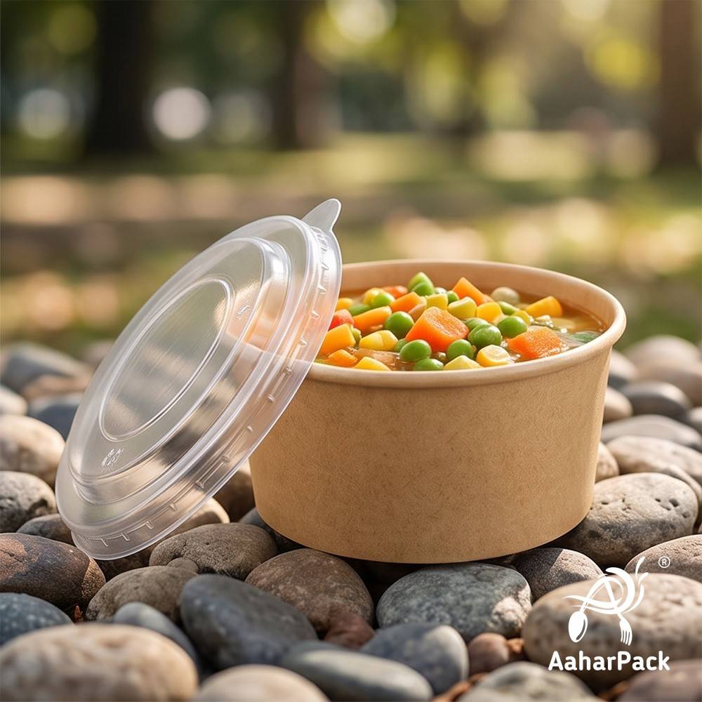 250 ML Kraft Paper Bowls with Plastic Flat Lids (Pack of 150) - Small Brown Disposable Paper Bowls | Eco-Friendly, Leak-Proof Takeaway Food Containers for Hot Soups, Gravies, Dips & Sides