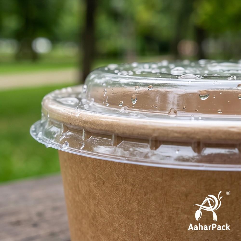 250 ML Kraft Paper Bowls with Plastic Flat Lids (Pack of 150) - Small Brown Disposable Paper Bowls | Eco-Friendly, Leak-Proof Takeaway Food Containers for Hot Soups, Gravies, Dips & Sides