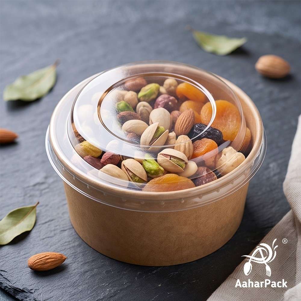250 ML Kraft Paper Bowls with Plastic Flat Lids (Pack of 150) - Small Brown Disposable Paper Bowls | Eco-Friendly, Leak-Proof Takeaway Food Containers for Hot Soups, Gravies, Dips & Sides
