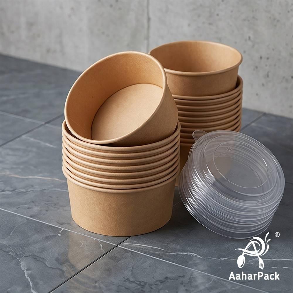 350 ML Kraft Paper Bowls with Plastic Flat Lids (Pack of 150) - Medium Brown Disposable Paper Bowls | Eco-Friendly, Leak-Proof Takeaway Food Containers for Noodles, Hot Soups, Gravies & Salads