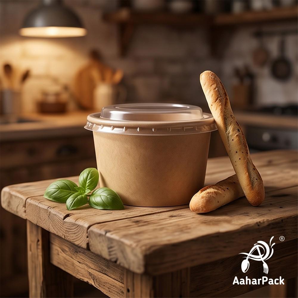 350 ML Kraft Paper Bowls with Plastic Flat Lids (Pack of 150) - Medium Brown Disposable Paper Bowls | Eco-Friendly, Leak-Proof Takeaway Food Containers for Noodles, Hot Soups, Gravies & Salads