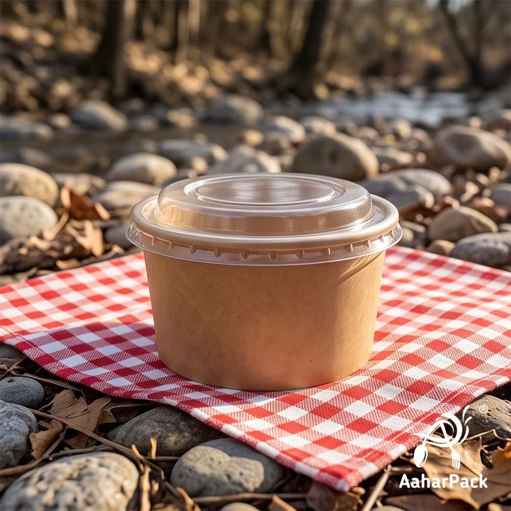 350 ML Kraft Paper Bowls with Plastic Flat Lids (Pack of 150) - Medium Brown Disposable Paper Bowls | Eco-Friendly, Leak-Proof Takeaway Food Containers for Noodles, Hot Soups, Gravies & Salads
