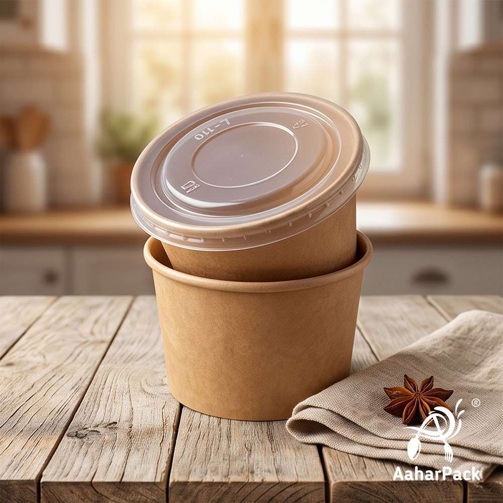 500 ML Kraft Paper Bowls with Plastic Flat Lids (Pack of 150) - Large Brown Disposable Paper Bowls | Eco-Friendly, Leak-Proof Takeaway Food Containers for Biryani, Noodles, Hot Soups & Salads