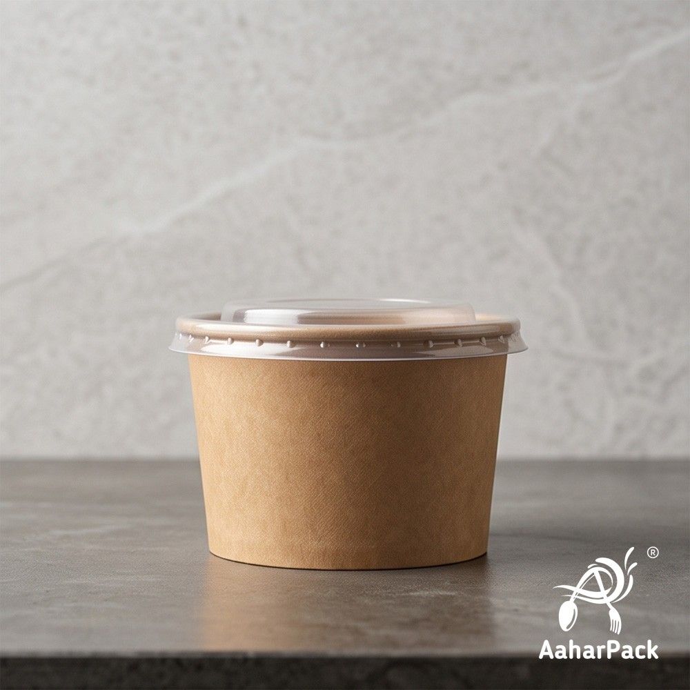 500 ML Kraft Paper Bowls with Plastic Flat Lids (Pack of 150) - Large Brown Disposable Paper Bowls | Eco-Friendly, Leak-Proof Takeaway Food Containers for Biryani, Noodles, Hot Soups & Salads