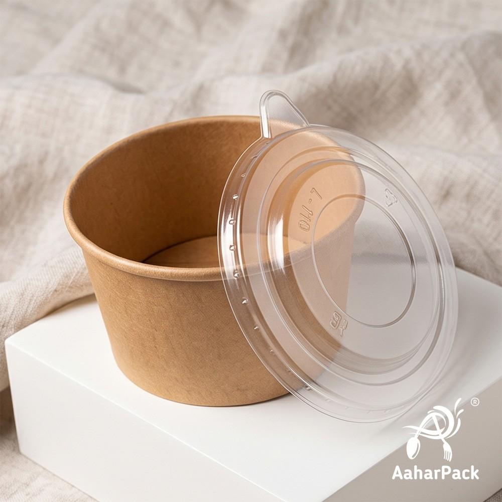 500 ML Kraft Paper Bowls with Plastic Flat Lids (Pack of 150) - Large Brown Disposable Paper Bowls | Eco-Friendly, Leak-Proof Takeaway Food Containers for Biryani, Noodles, Hot Soups & Salads