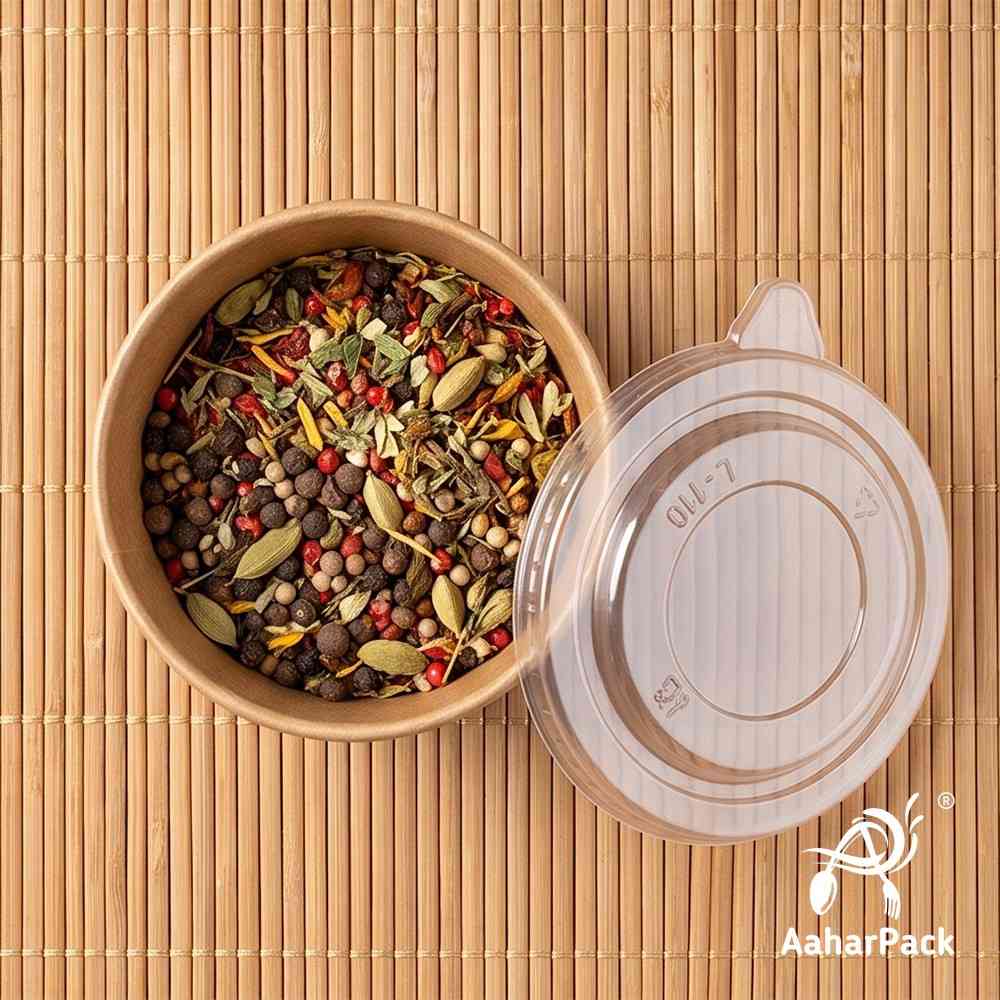 500 ML Kraft Paper Bowls with Plastic Flat Lids (Pack of 150) - Large Brown Disposable Paper Bowls | Eco-Friendly, Leak-Proof Takeaway Food Containers for Biryani, Noodles, Hot Soups & Salads