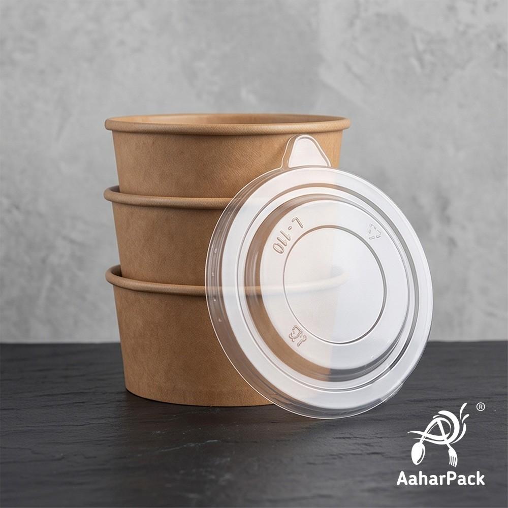 500 ML Kraft Paper Bowls with Plastic Flat Lids (Pack of 150) - Large Brown Disposable Paper Bowls | Eco-Friendly, Leak-Proof Takeaway Food Containers for Biryani, Noodles, Hot Soups & Salads