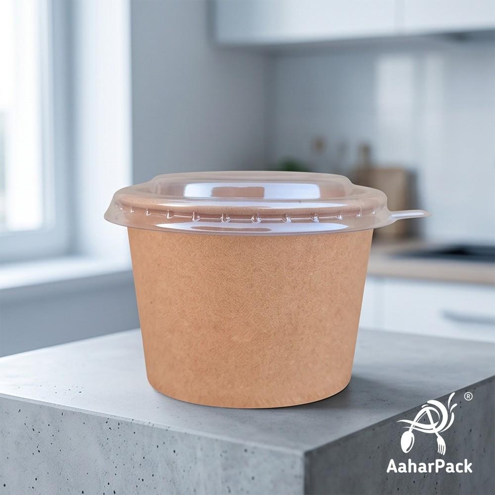 500 ML Kraft Paper Bowls with Plastic Flat Lids (Pack of 150) - Large Brown Disposable Paper Bowls | Eco-Friendly, Leak-Proof Takeaway Food Containers for Biryani, Noodles, Hot Soups & Salads