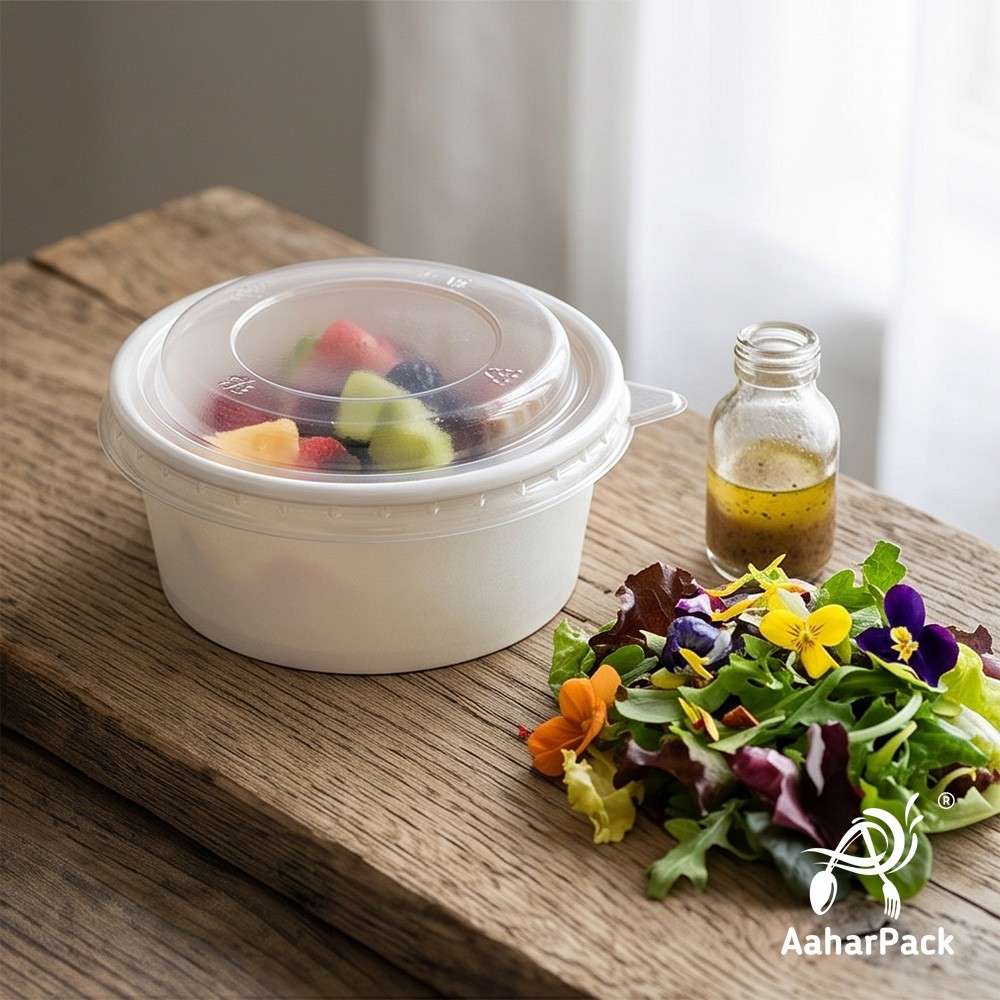 200 ML White Paper Bowls with Plastic Flat Lids (Pack of 150) - Small Disposable Paper Bowls | Premium Leak-Proof Takeaway Food Containers for Ice Cream, Desserts, Dips & Side Dishes