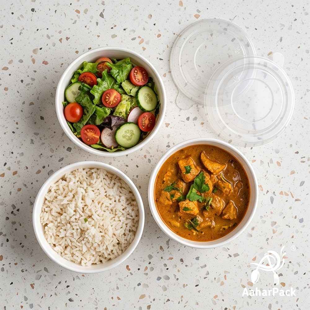 200 ML White Paper Bowls with Plastic Flat Lids (Pack of 150) - Small Disposable Paper Bowls | Premium Leak-Proof Takeaway Food Containers for Ice Cream, Desserts, Dips & Side Dishes