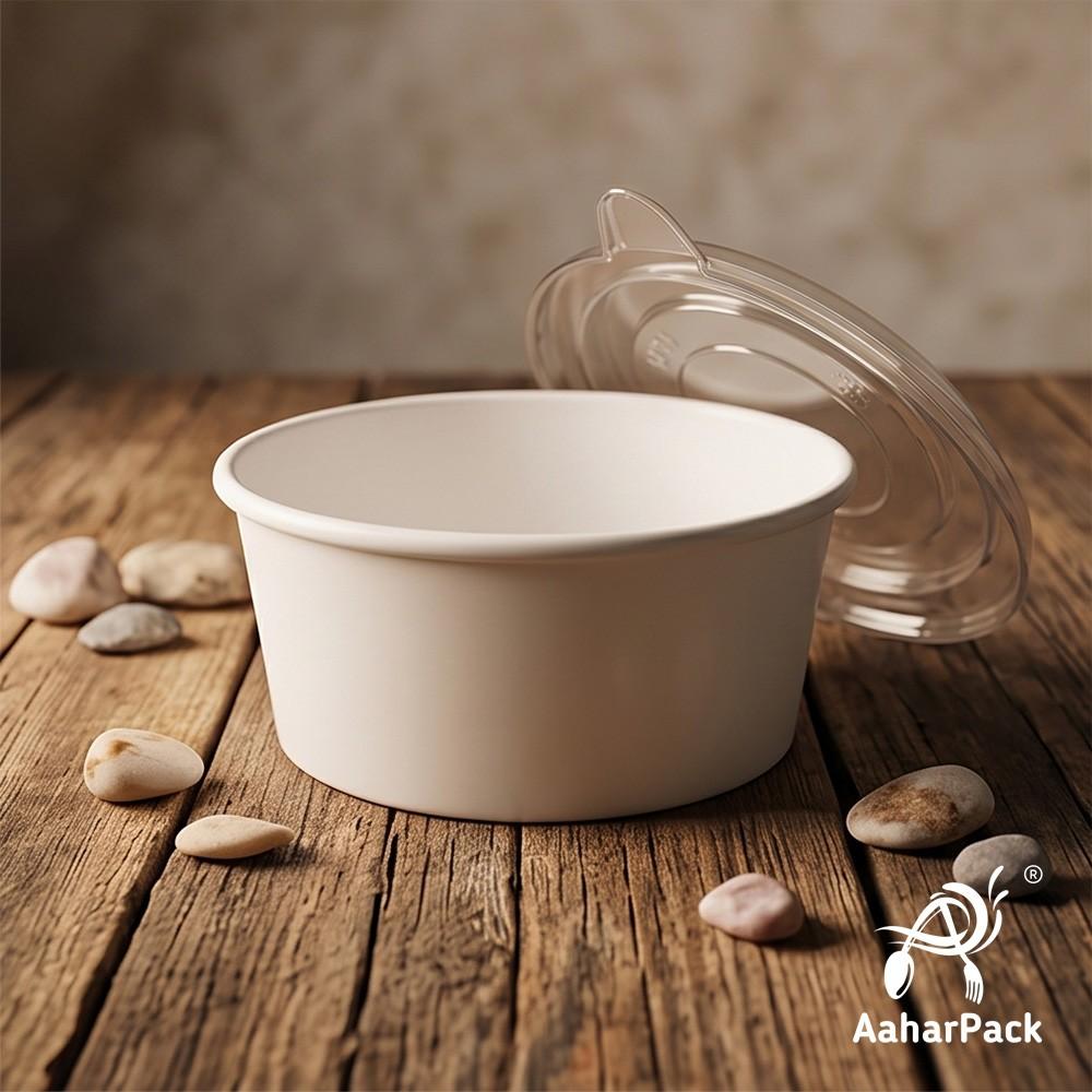 200 ML White Paper Bowls with Plastic Flat Lids (Pack of 150) - Small Disposable Paper Bowls | Premium Leak-Proof Takeaway Food Containers for Ice Cream, Desserts, Dips & Side Dishes