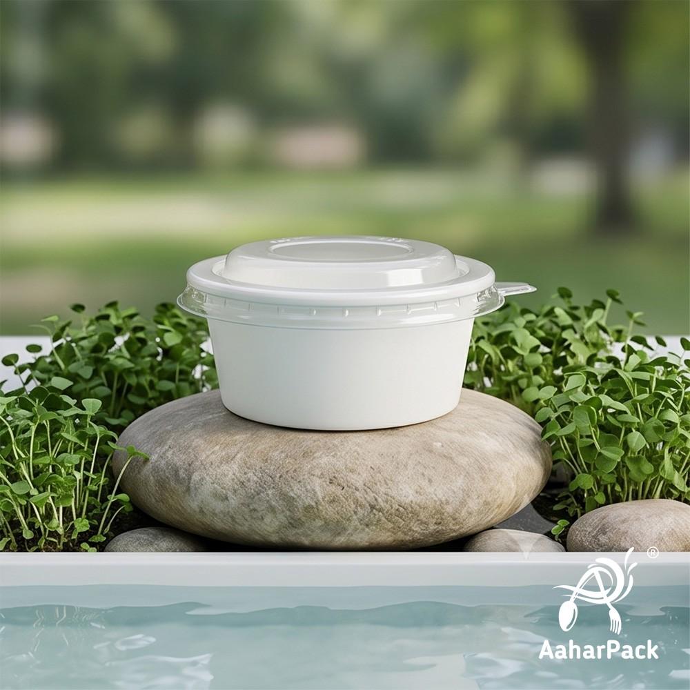 200 ML White Paper Bowls with Plastic Flat Lids (Pack of 150) - Small Disposable Paper Bowls | Premium Leak-Proof Takeaway Food Containers for Ice Cream, Desserts, Dips & Side Dishes
