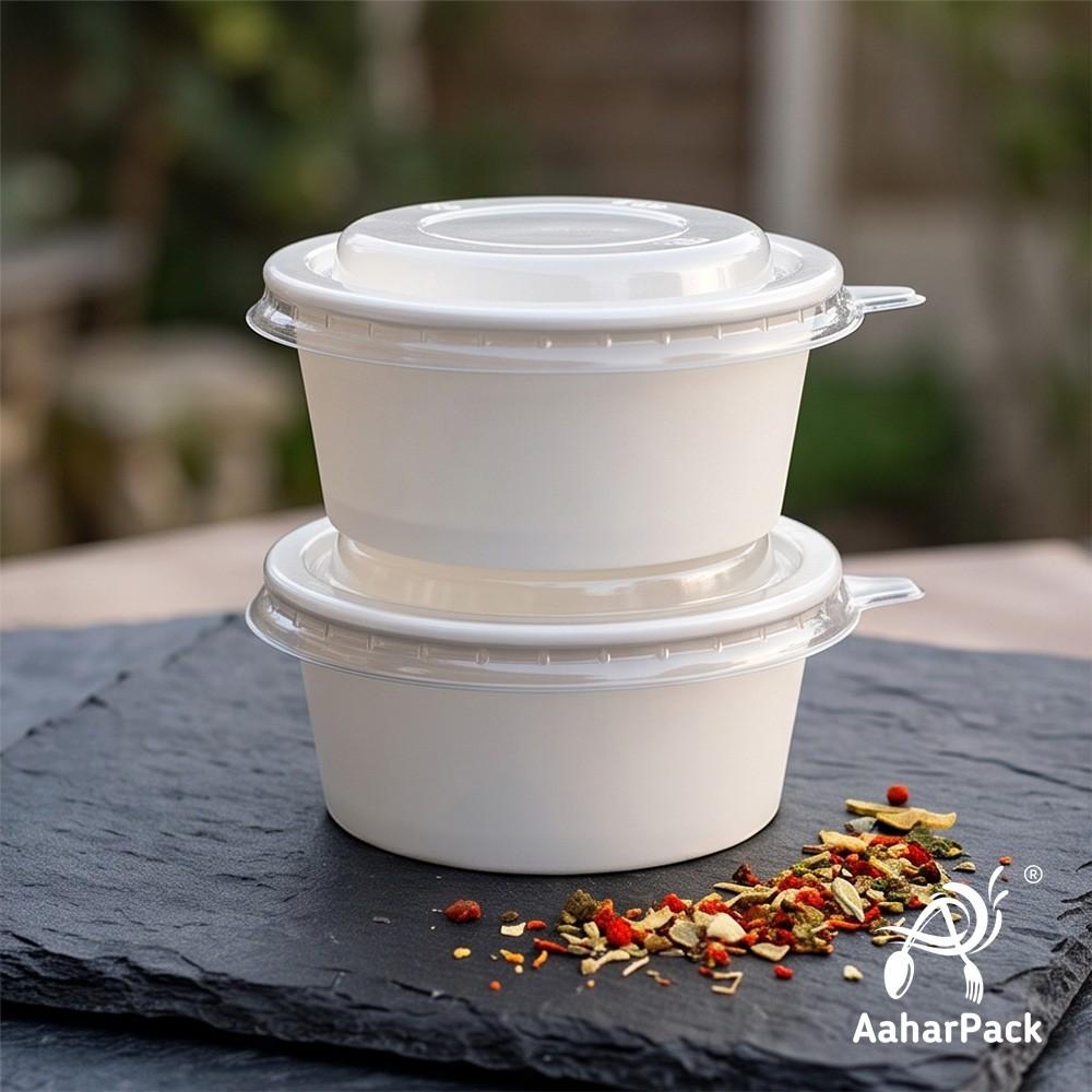 200 ML White Paper Bowls with Plastic Flat Lids (Pack of 150) - Small Disposable Paper Bowls | Premium Leak-Proof Takeaway Food Containers for Ice Cream, Desserts, Dips & Side Dishes