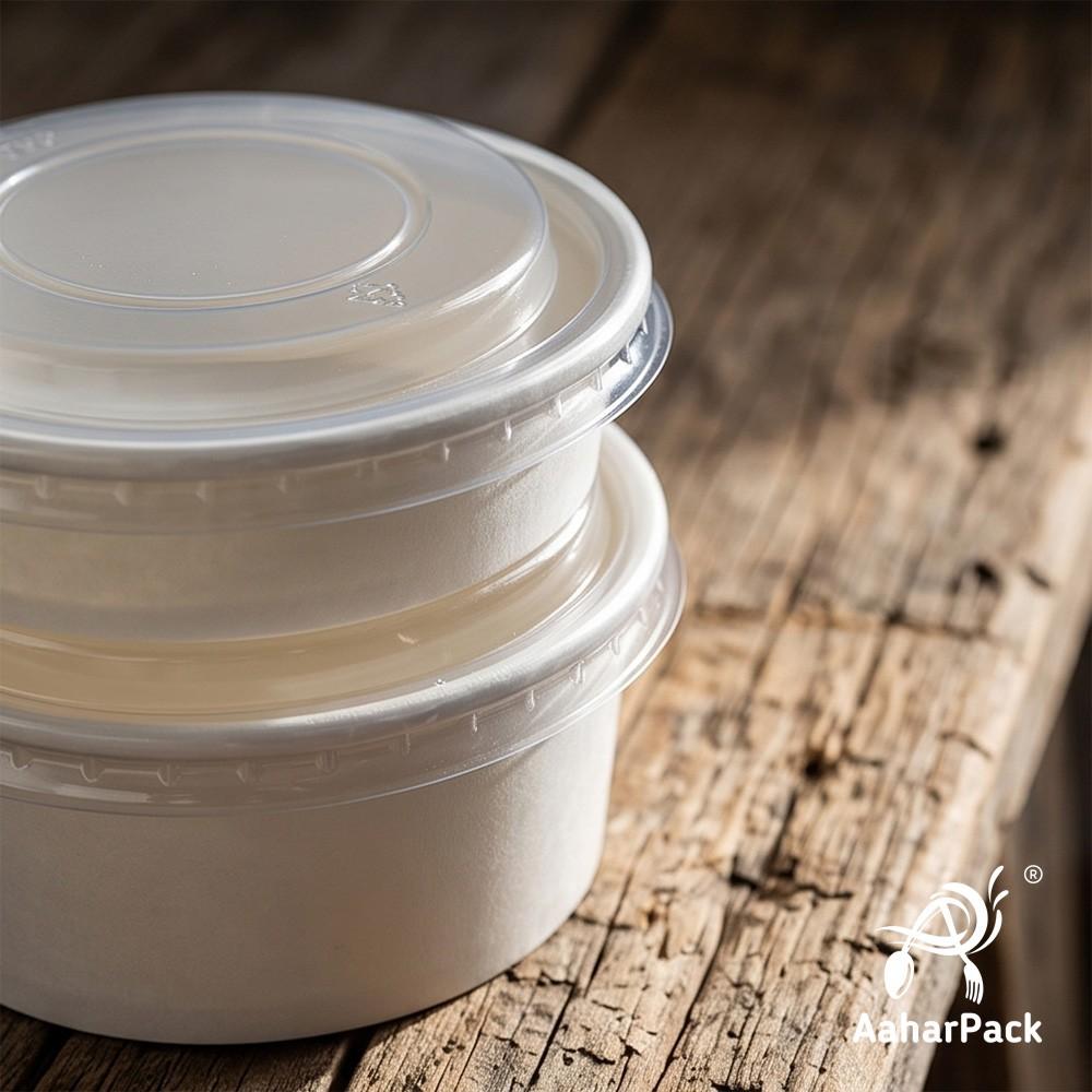 250 ML White Paper Bowls with Plastic Flat Lids (Pack of 150) - Small Disposable Paper Bowls | Premium Leak-Proof Takeaway Food Containers for Hot Soups, Desserts, Dips & Side Dishes