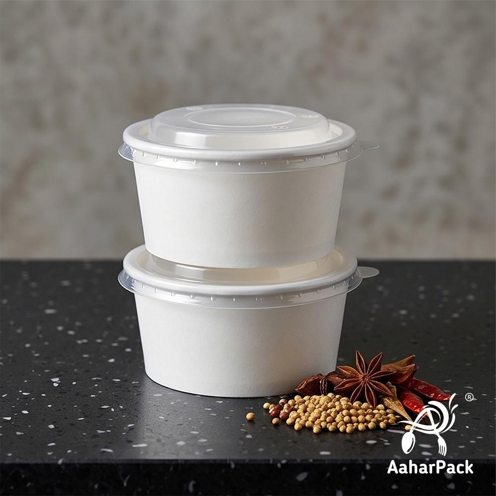 250 ML White Paper Bowls with Plastic Flat Lids (Pack of 150) - Small Disposable Paper Bowls | Premium Leak-Proof Takeaway Food Containers for Hot Soups, Desserts, Dips & Side Dishes